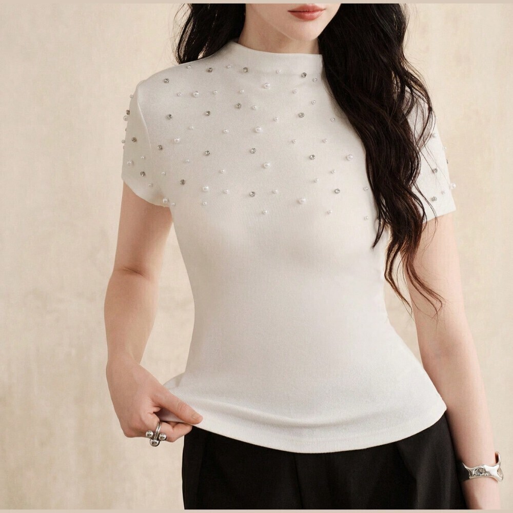 Ivory Pearl Rhinestone Embellished Mock Neck Slim Tee